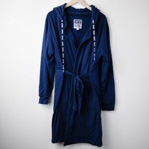 Dude Robe Mens Bathrobe S/M Navy Hooded Terry Cloth Belted Pockets Lounge